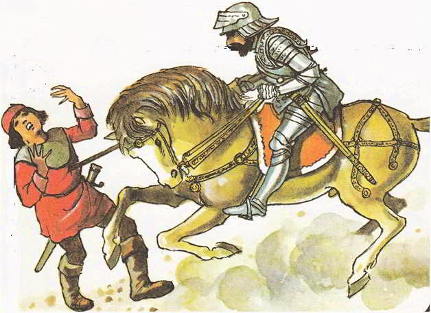 немецкий рыцарь наносит удар копьем крестьянину-мятежнику